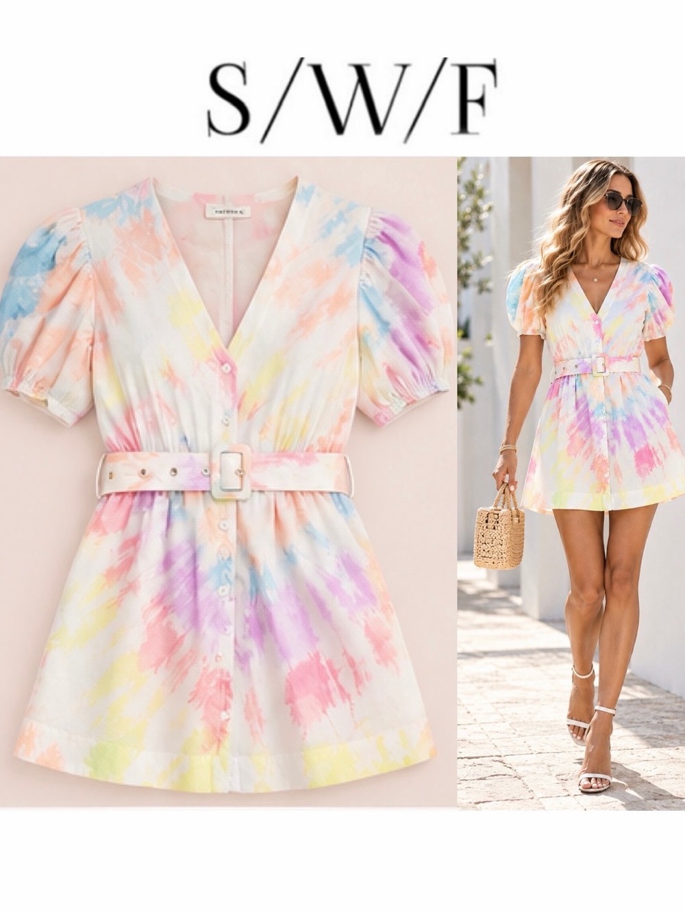 S/W/F Pastel Tie Dye Mini Dress Puff Sleeve Belted Button Front XS Pastel